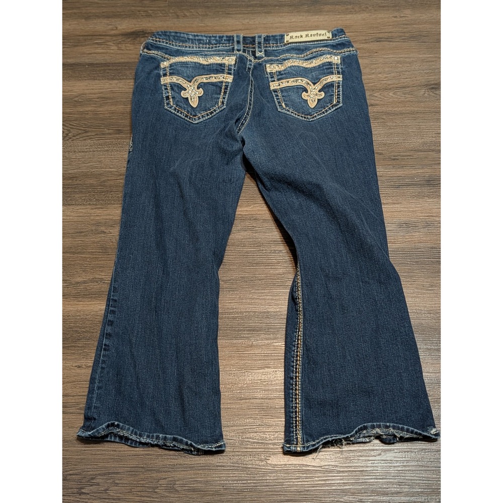 Rock Revival Sherry Easy Boot Custom Jeans 34x25 Dark Wash Rhinestone Distressed